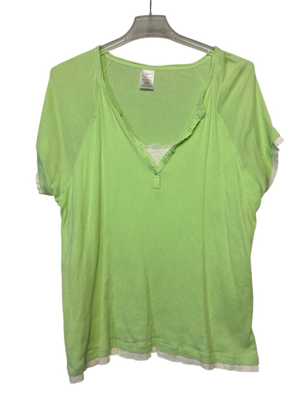 Avon Womens V-Neck Green Layered Lace Accent T-Shirt 3X Cotton Short Sleeve